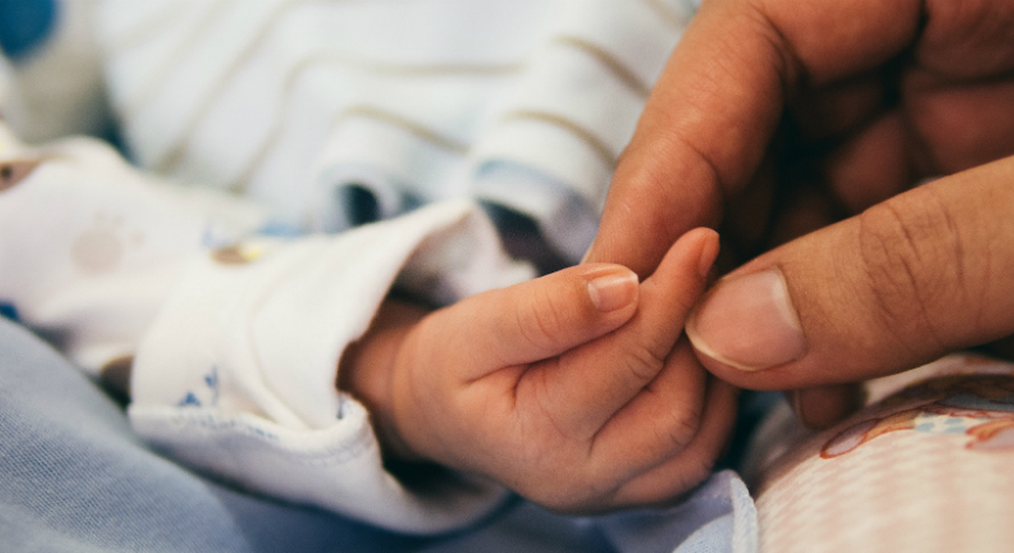 Adult hand holding newborn baby's hand