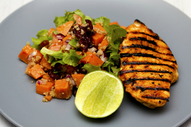 Meal of grilled chicken and vegetables