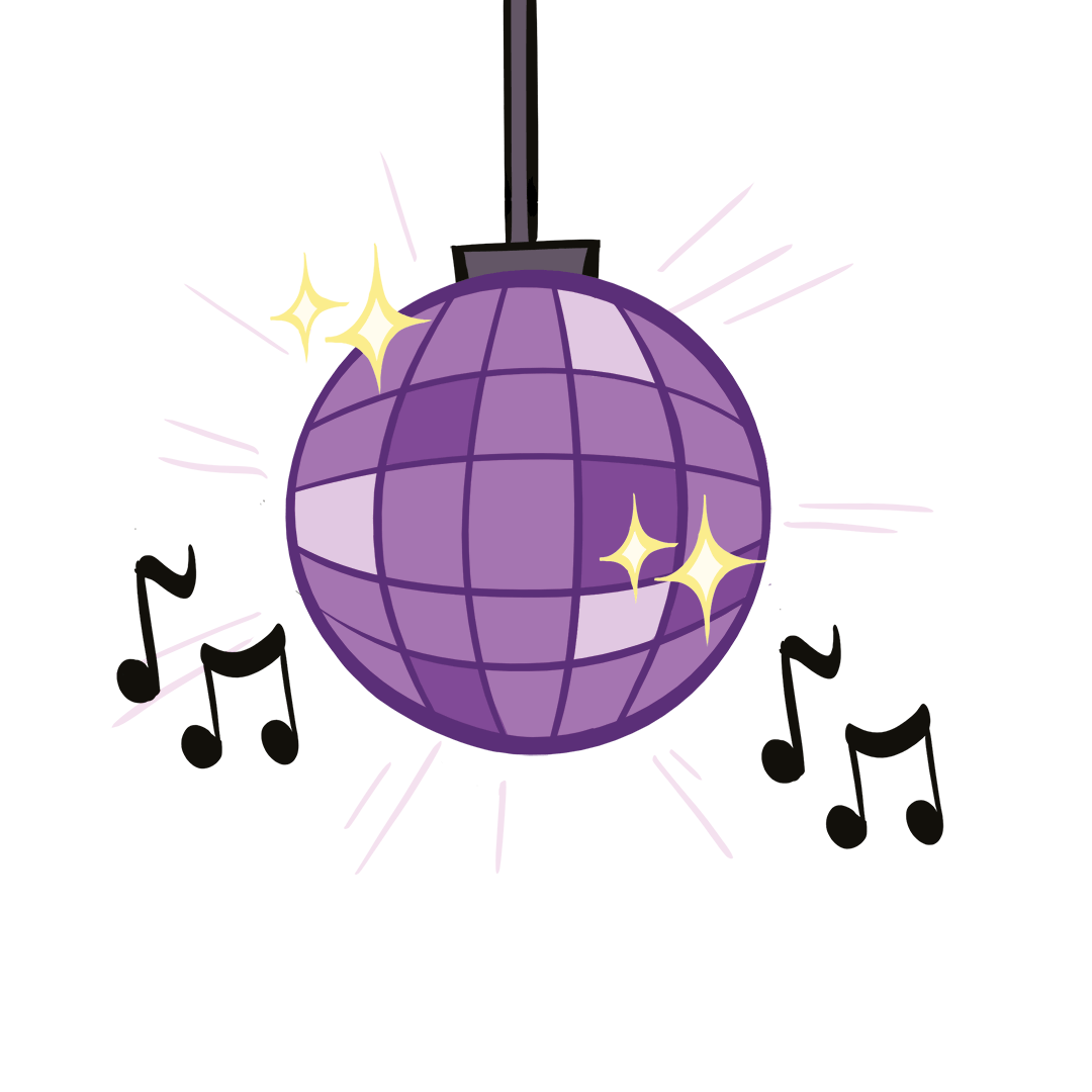 illustrated disco ball with music notes