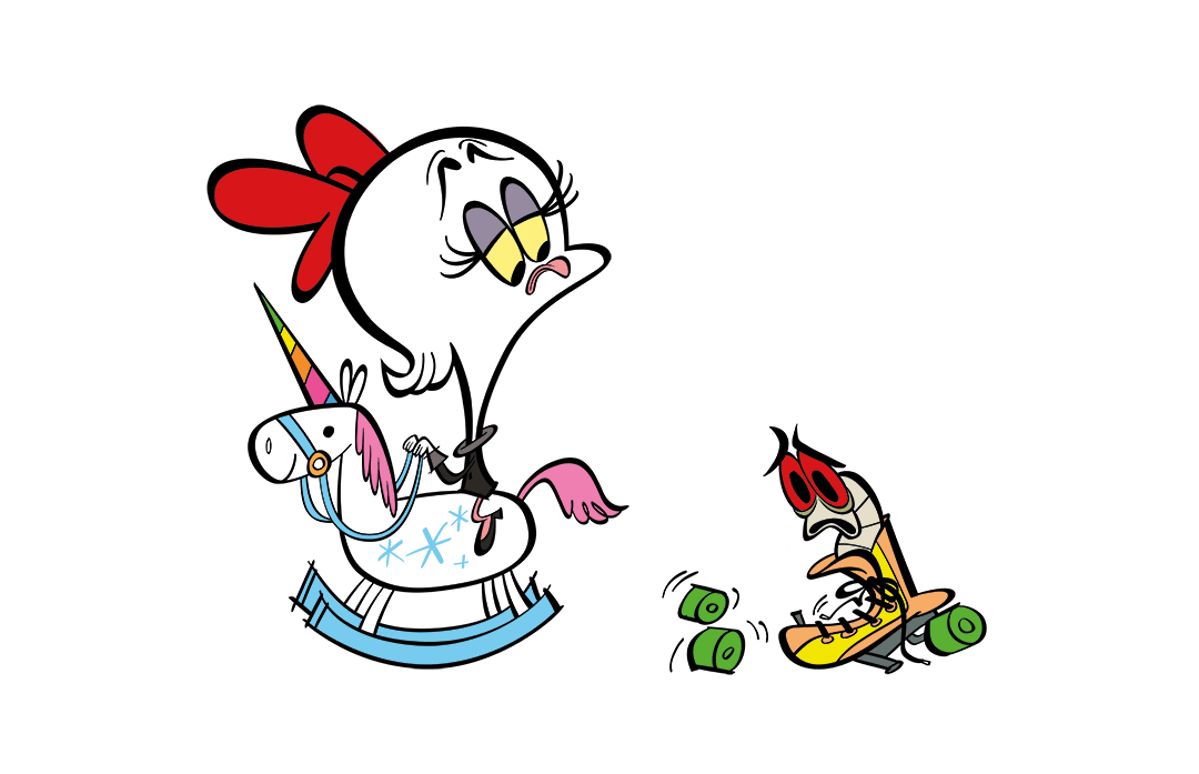 illustrated ostrich on a unicorn toy with worm in broken car