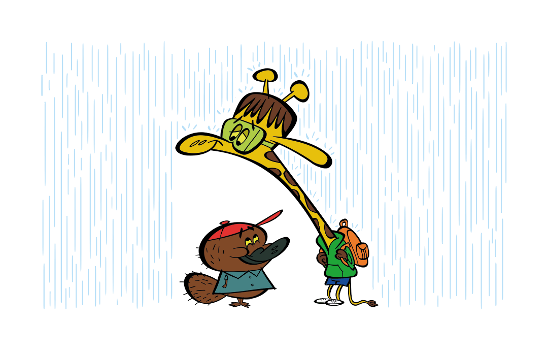 illustrated giraffe shielding platypus from rain