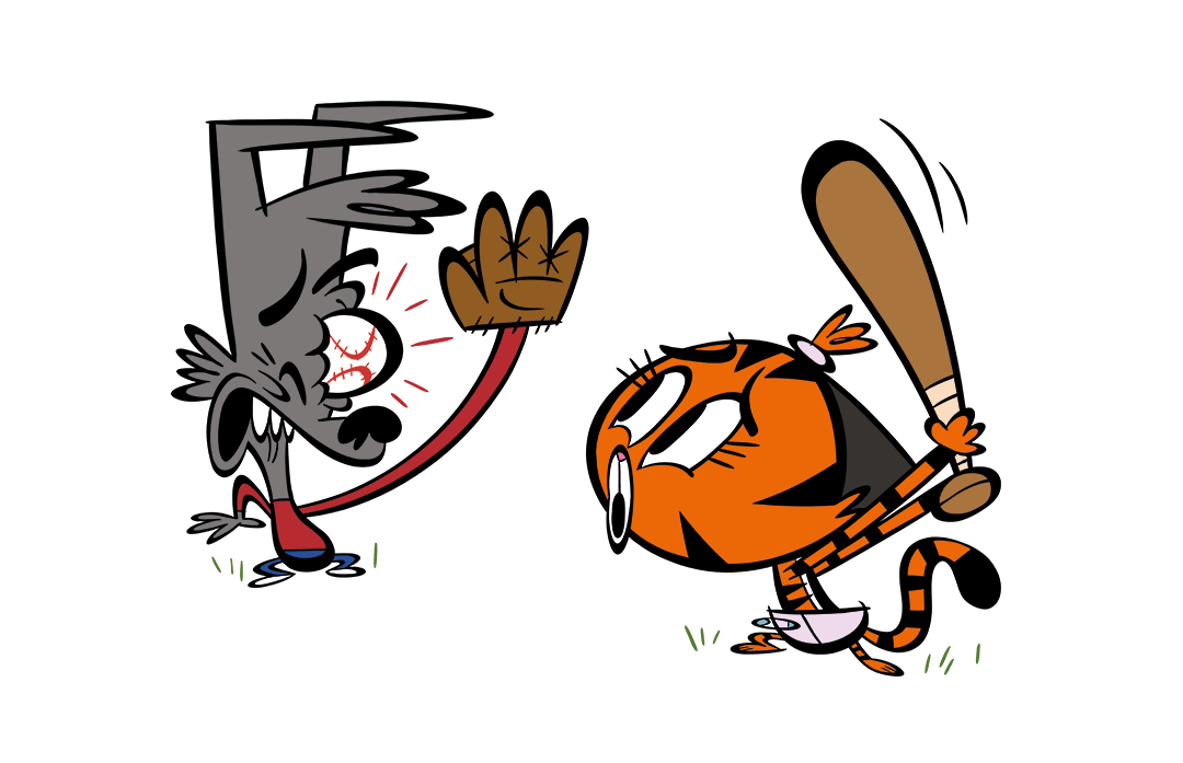 illustrated cat batting a ball into a dog's face