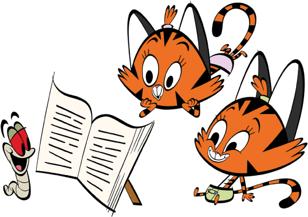 illustrated cats listening to a worm read