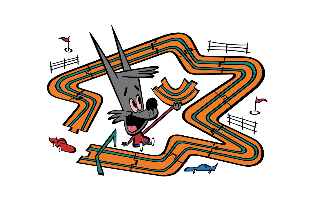illustrated dog assembling a toy racetrack