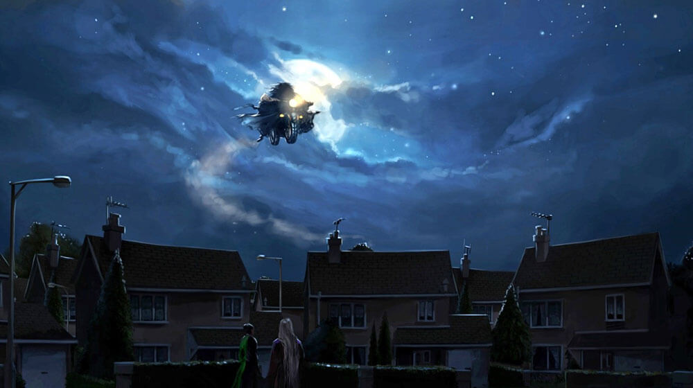 Hagrid Flying on his Motorbike over Privet Drive, with Harry Potter