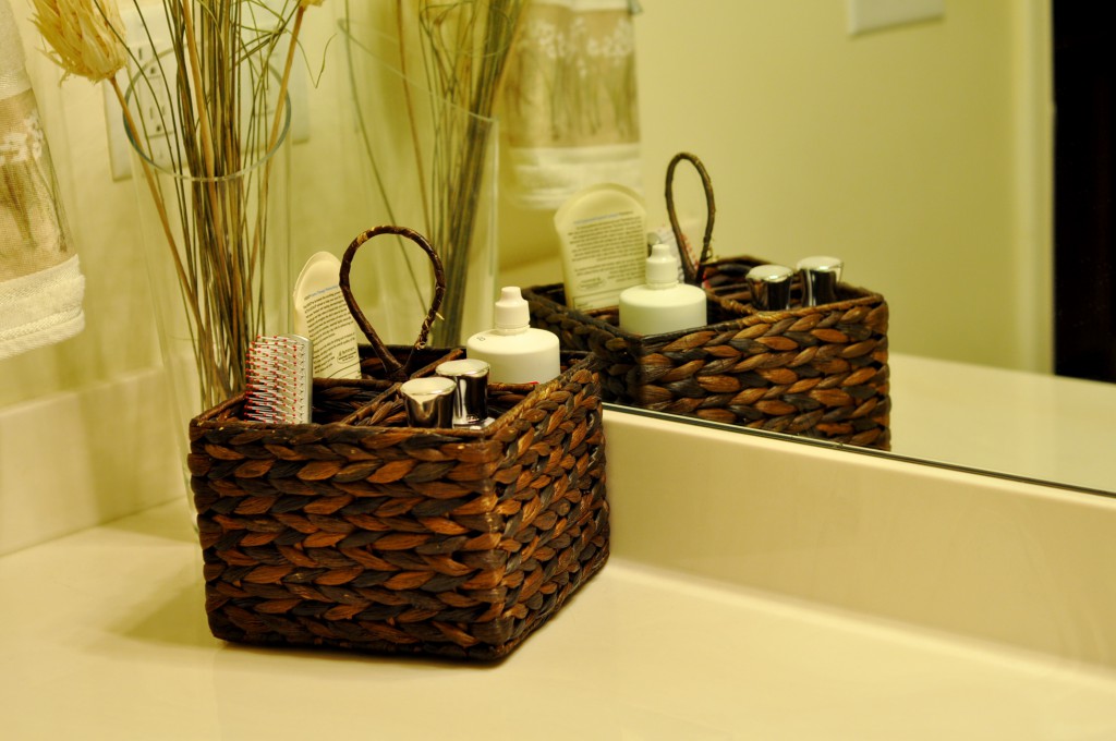 small basket on bathroom counter