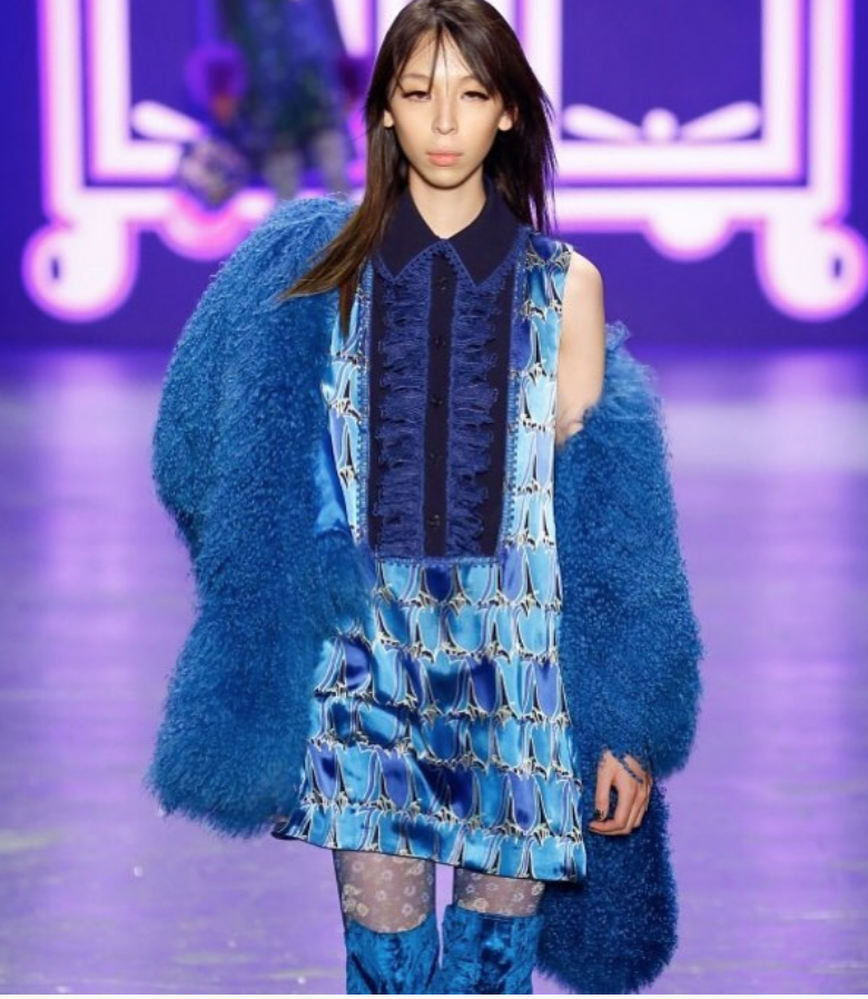 anna sui wearing a blue fur fashion coat