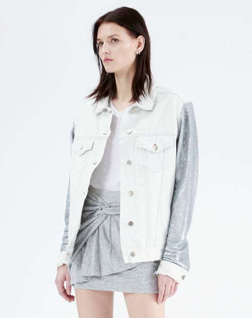 white denim womens jacket with silver sleeves by IRO Paris