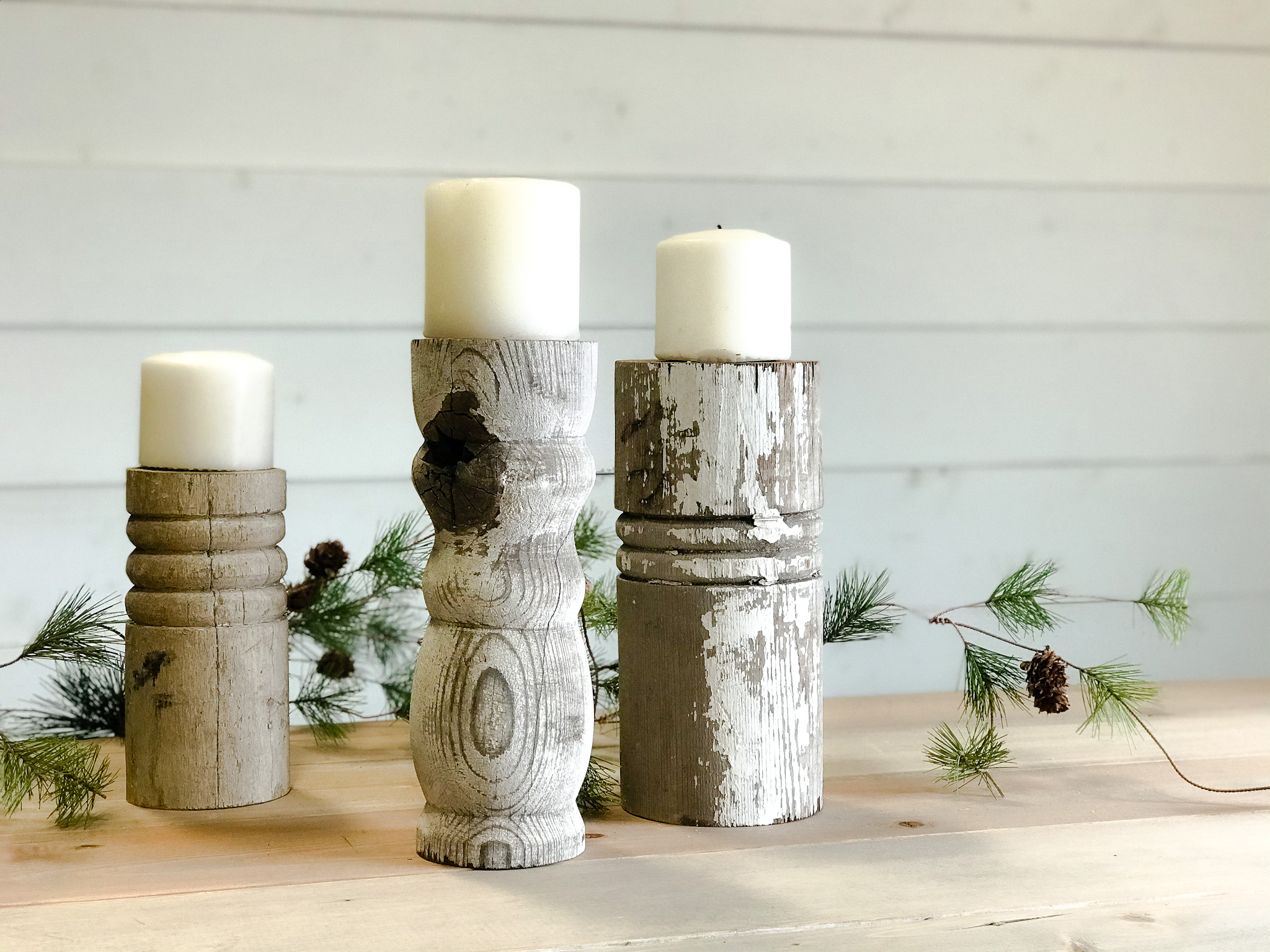 chippy white porch column candle holders